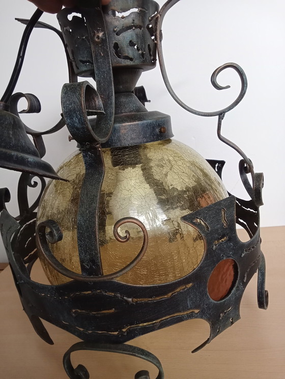 Image 1 of Brutalist Smeedijzer Craquele Geel Glas Ronde Plafondlamp/ Ook Veranda Lampplafond