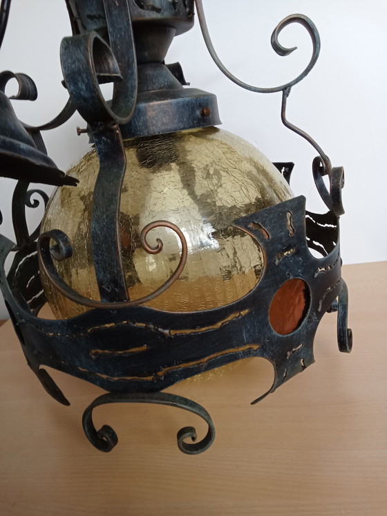 Image 1 of Brutalist Smeedijzer Craquele Geel Glas Ronde Plafondlamp/ Ook Veranda Lampplafond