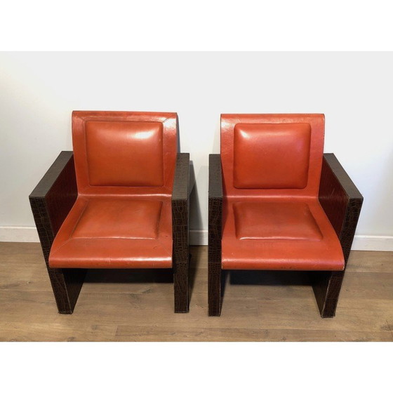 Image 1 of Paar vintage bruin en oranje leren fauteuils, Frans 1970