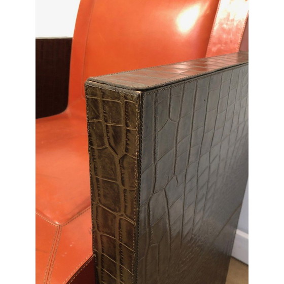 Image 1 of Paar vintage bruin en oranje leren fauteuils, Frans 1970