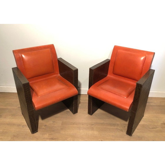 Image 1 of Paar vintage bruin en oranje leren fauteuils, Frans 1970