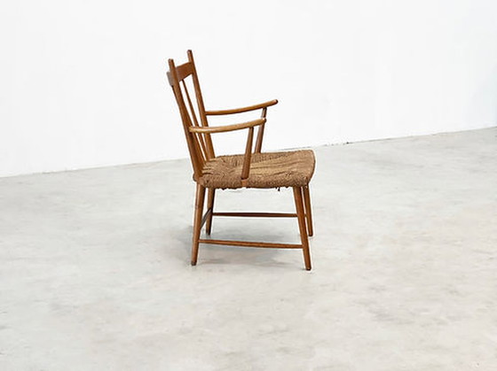 Image 1 of Nederlandse rotan en eiken lounge / fauteuil uit 1950