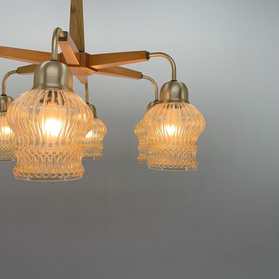 Image 1 of Vintage kroonluchter in hout en glas, Tsjecho-Slowakije 1970