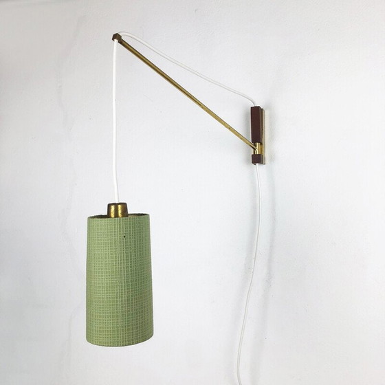 Image 1 of Vintage Deense messing en teakhouten wandlamp
