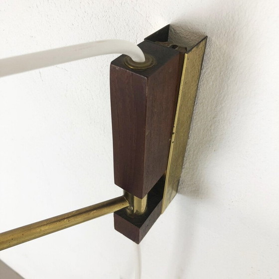 Image 1 of Vintage Deense messing en teakhouten wandlamp