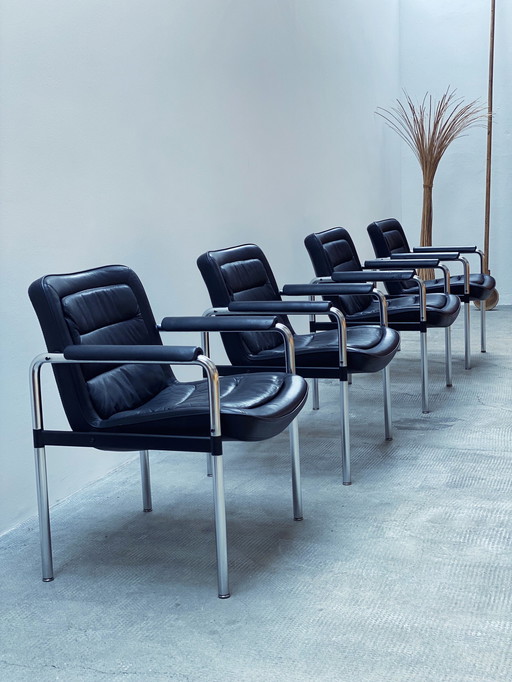 4X Jorgen Kastholm Voor Kusch & Co. Conferentiestoelen Fauteuil Leer Zwart Chroom 1970Er