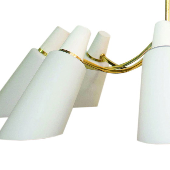 Image 1 of Spoetnik kroonluchter met 8 opalen lampenkappen, Stilnovo stijl, 1950S, Italië
