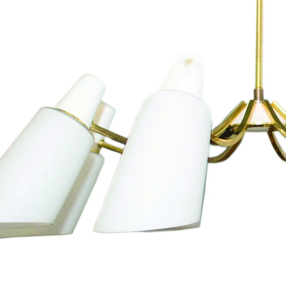 Image 1 of Spoetnik kroonluchter met 8 opalen lampenkappen, Stilnovo stijl, 1950S, Italië