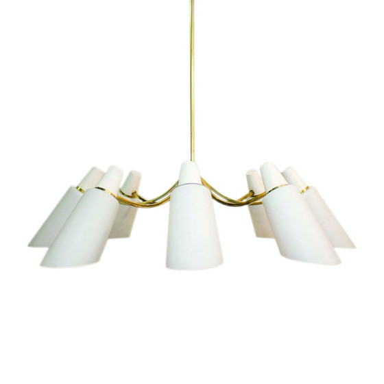 Image 1 of Spoetnik kroonluchter met 8 opalen lampenkappen, Stilnovo stijl, 1950S, Italië