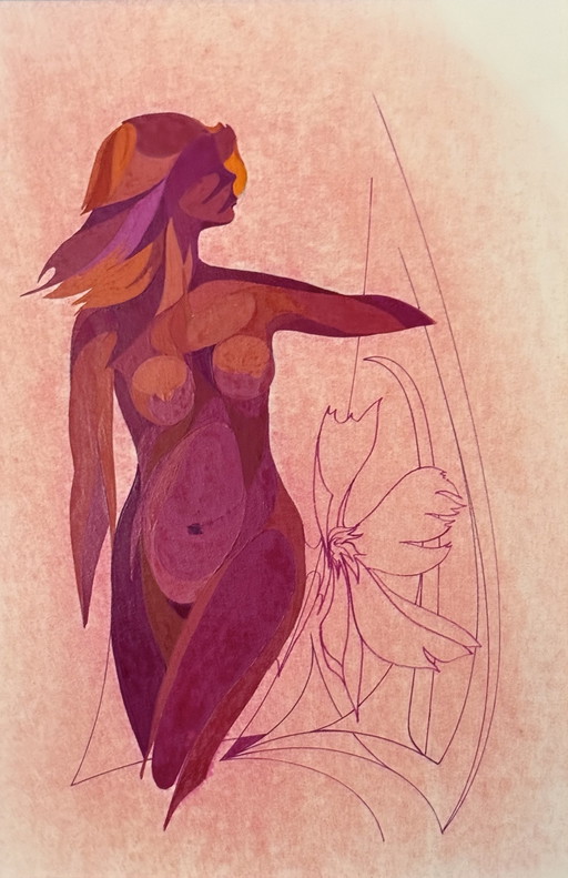 Eugene Eechaut ( 1928-2019 ) Magnifique Peinture À La Gouache Femme Nue Abstraite / Galerie Pfeiffer Bruxelles