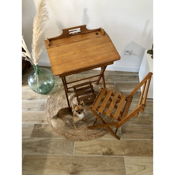 Image 1 of Vintage beukenhouten kinderbureau met stoel van Clerc Pampo, Frankrijk 1950