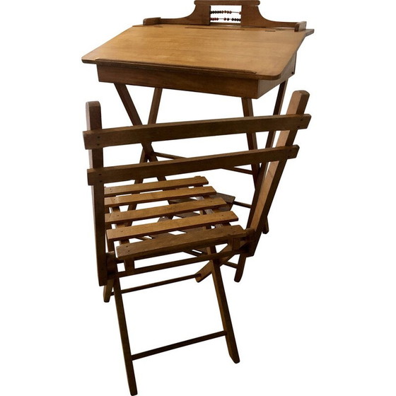 Image 1 of Vintage beukenhouten kinderbureau met stoel van Clerc Pampo, Frankrijk 1950