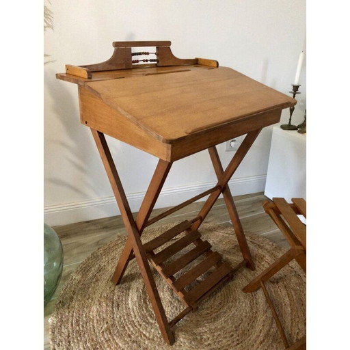 Vintage beukenhouten kinderbureau met stoel van Clerc Pampo, Frankrijk 1950