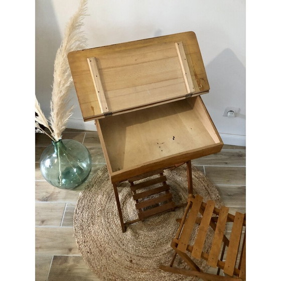 Image 1 of Vintage beukenhouten kinderbureau met stoel van Clerc Pampo, Frankrijk 1950