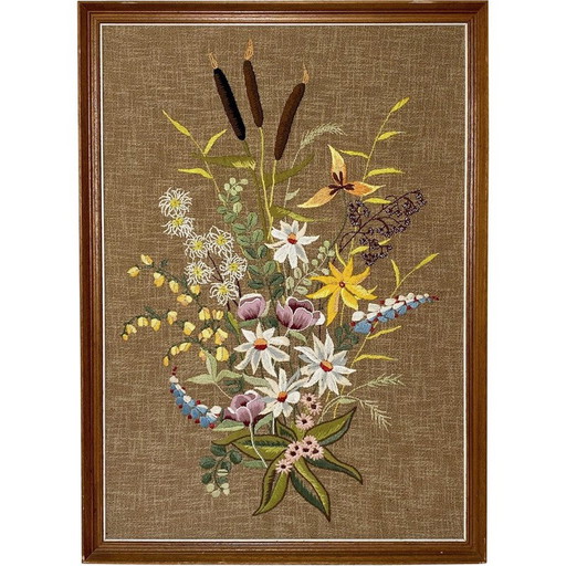 Vintage Mcm needlepoint muurkunst boeket wilde bloemen