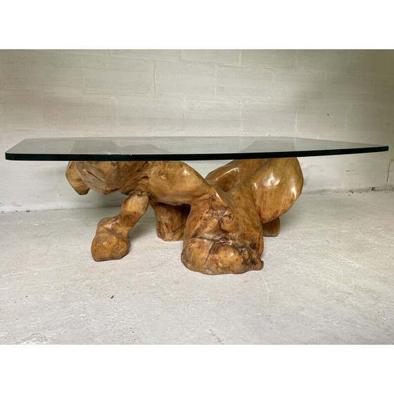 Image 1 of Vintage brutalistische salontafel in hout en glas van Jean Yves Le Guyader