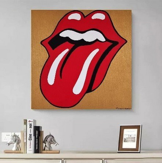 Image 1 of Frances Eckhardt - Schilderij Rolling Stones Goud 50X50Cm