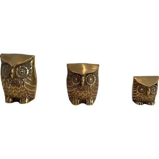 Set van 3 kleine vintage koperen decoratieve uilen, 1970
