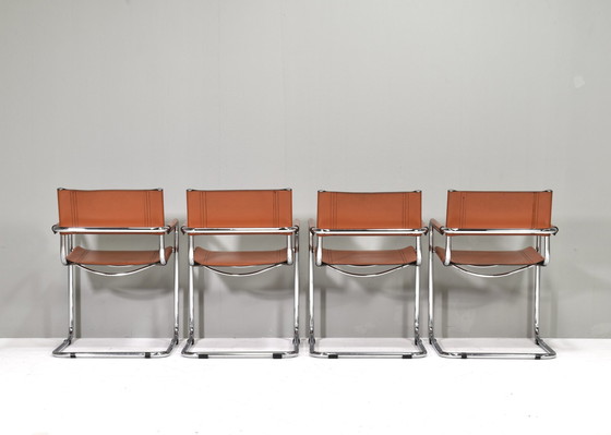 Image 1 of 4x S34 eetkamerstoelen in cognac leer van Mart Stam voor Fasem Italië, 1960-1970
