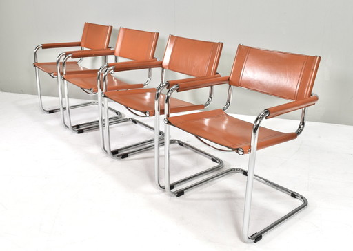 4x S34 eetkamerstoelen in cognac leer van Mart Stam voor Fasem Italië, 1960-1970