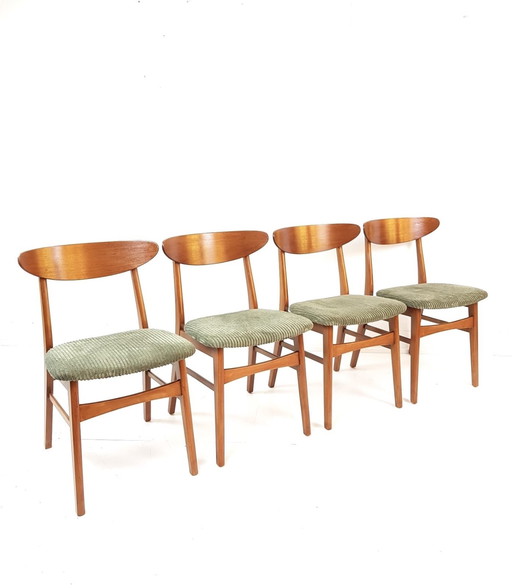 4 Vintage Deense Farstrup Stoelen | Nieuw Gestoffeerd Groene Rib