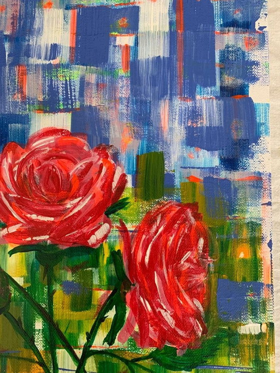 Image 1 of Acryl op paneel 30X40 Cm - Handgesigneerd - Roos