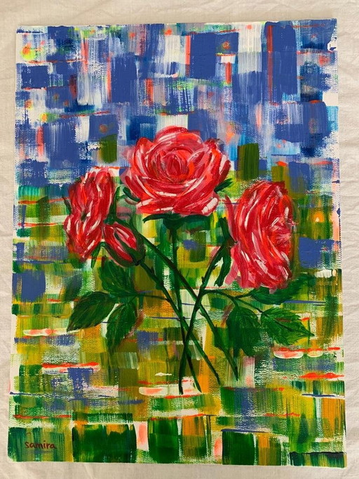 Acryl op paneel 30X40 Cm - Handgesigneerd - Roos