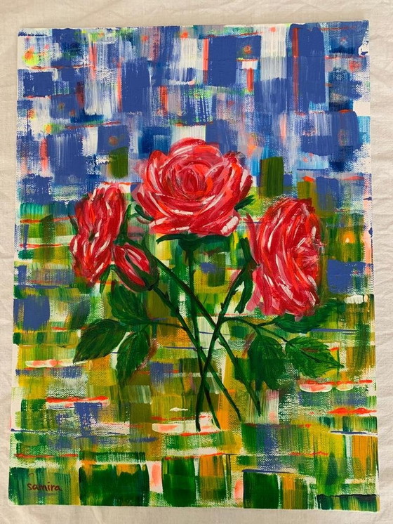 Image 1 of Acryl op paneel 30X40 Cm - Handgesigneerd - Roos