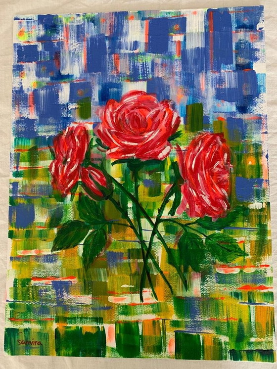 Image 1 of Acryl op paneel 30X40 Cm - Handgesigneerd - Roos