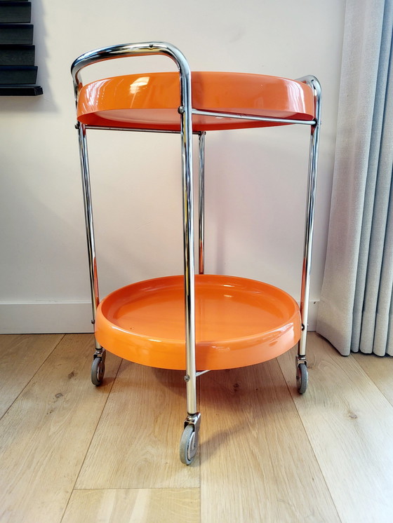 Image 1 of Space Age Trolley Of Serveerwagen, Oranje, Kunststof En Chroom, Jaren 70