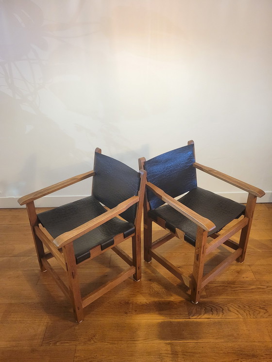 Image 1 of Brutalist Armstoelen In Eik En Tuigleer 1960