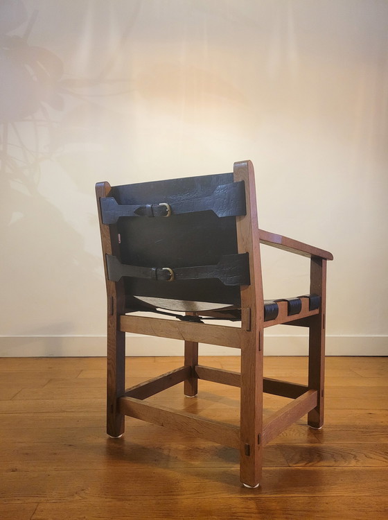 Image 1 of Brutalist Armstoelen In Eik En Tuigleer 1960