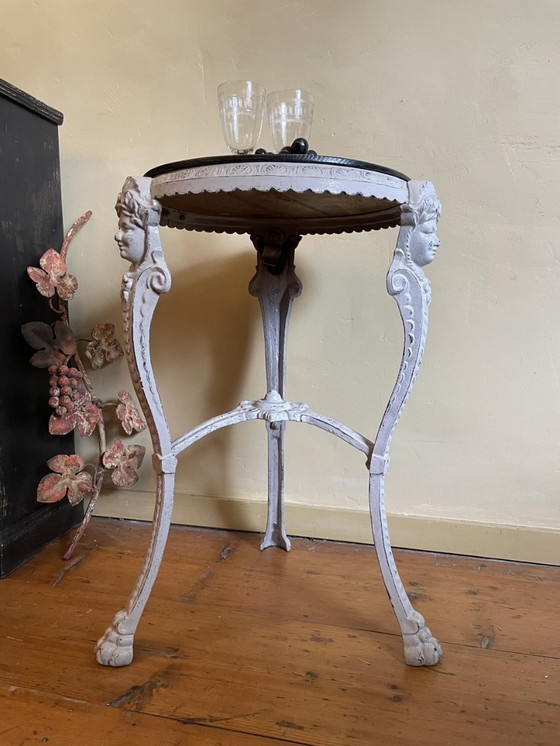 Image 1 of Bijzettafel Queridon Gietijzer  Met Houten Blad Frans Vintage