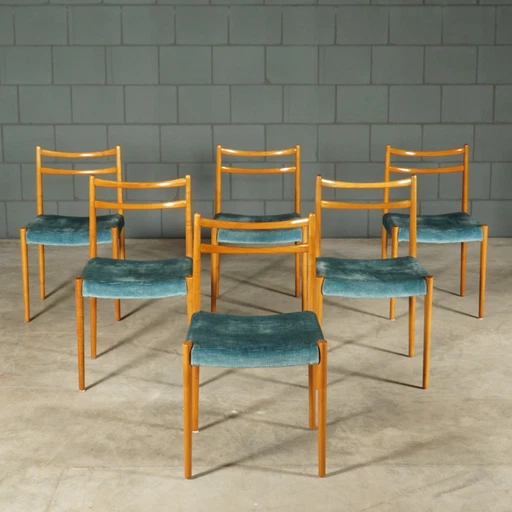 Set Van 6 Vintage Eetkamerstoelen – Teakhout – Velours – Jaren 70