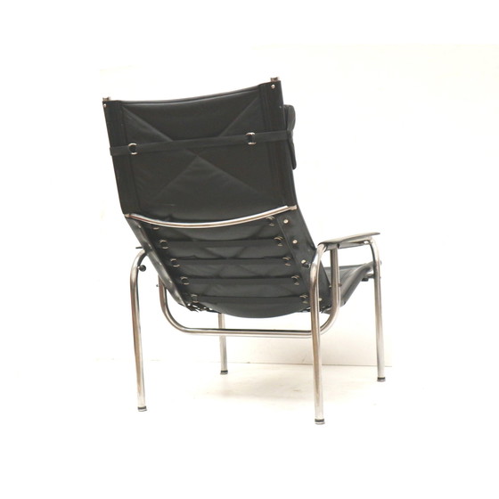 Image 1 of 2X Vintage Zwart Leren Fauteuil Van Strässle He1106 Ontworpen Door Hans Eichenberger