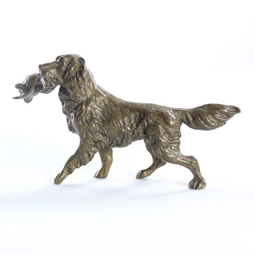 Vintage bronzen beeld van jagende retriever, Tsjecho-Slowakije jaren 1930