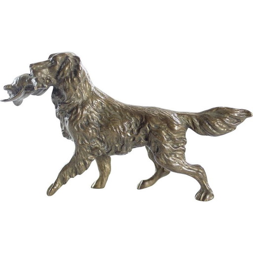 Vintage bronzen beeld van jagende retriever, Tsjecho-Slowakije jaren 1930