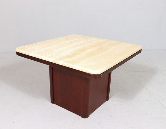 Image 1 of Mid Century Salontafel, travertin/hout, Italië, jaren 1970