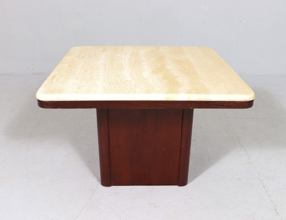 Image 1 of Mid Century Salontafel, travertin/hout, Italië, jaren 1970