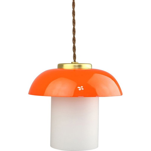 Mid Century hanglamp van oranje glas en messing