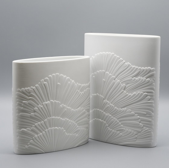 Image 1 of Rosenthal Rosamunde Nairac Bisque Porseleinen Anemone Vaas Duo Op-Art H19Cm +23Cm