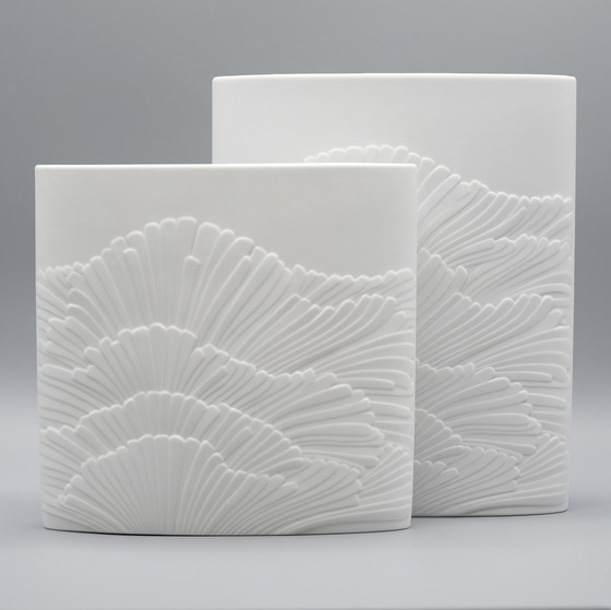 Image 1 of Rosenthal Rosamunde Nairac Bisque Porseleinen Anemone Vaas Duo Op-Art H19Cm +23Cm