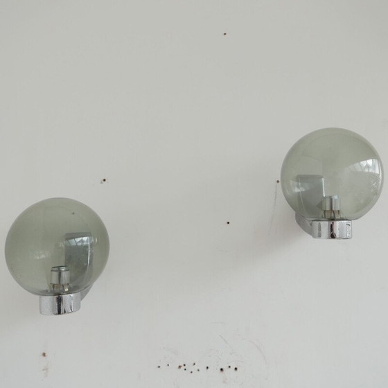 Image 1 of Paar vintage wandlampen van glas en chroom Holland 1970