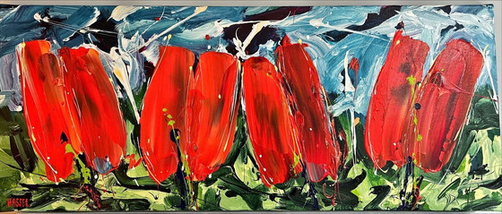 Image 1 of Ad Van Hasselt | Tulpen Acryl Op Canvas Schilderij 