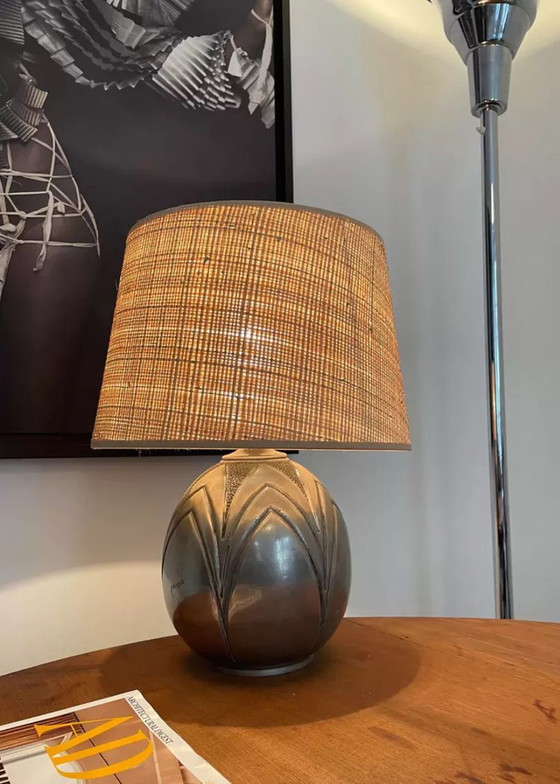 Image 1 of René Delavan Vintage Dinanderie Lamp, Tinnen en Raphia