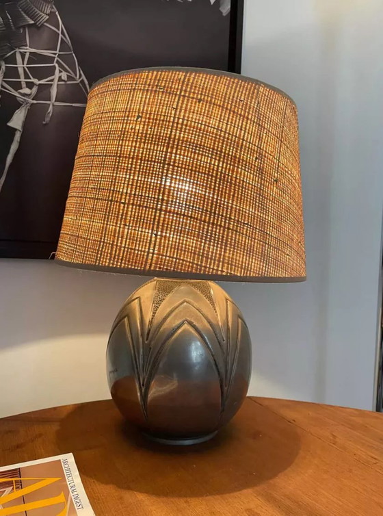 Image 1 of René Delavan Vintage Dinanderie Lamp, Tinnen en Raphia