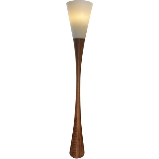 Vintage "Diabolo" vloerlamp in natuurlijk hout en opaline glas van Joseph-André Motte voor Disderot, 1960