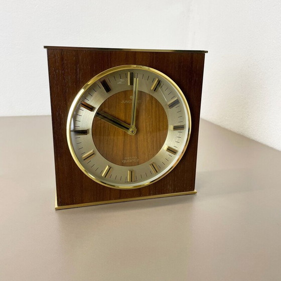 Image 1 of Vintage Hollywood Regency messing en houten tafelklok van Junghans Astra Quartz, Duitsland 1970