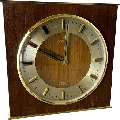 Vintage Hollywood Regency messing en houten tafelklok van Junghans Astra Quartz, Duitsland 1970