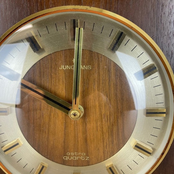 Image 1 of Vintage Hollywood Regency messing en houten tafelklok van Junghans Astra Quartz, Duitsland 1970